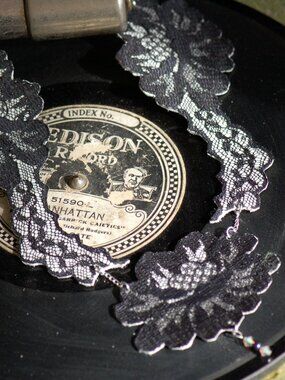 Edwardian black lace on leather necklace - Dark floral lace, upcycled leather